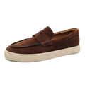 2025 Men's Genuine Suede Loafers 39-44, Black Round-Toe with Decorative Flap & Stitching Details, Brown Lined Comfortable Fit