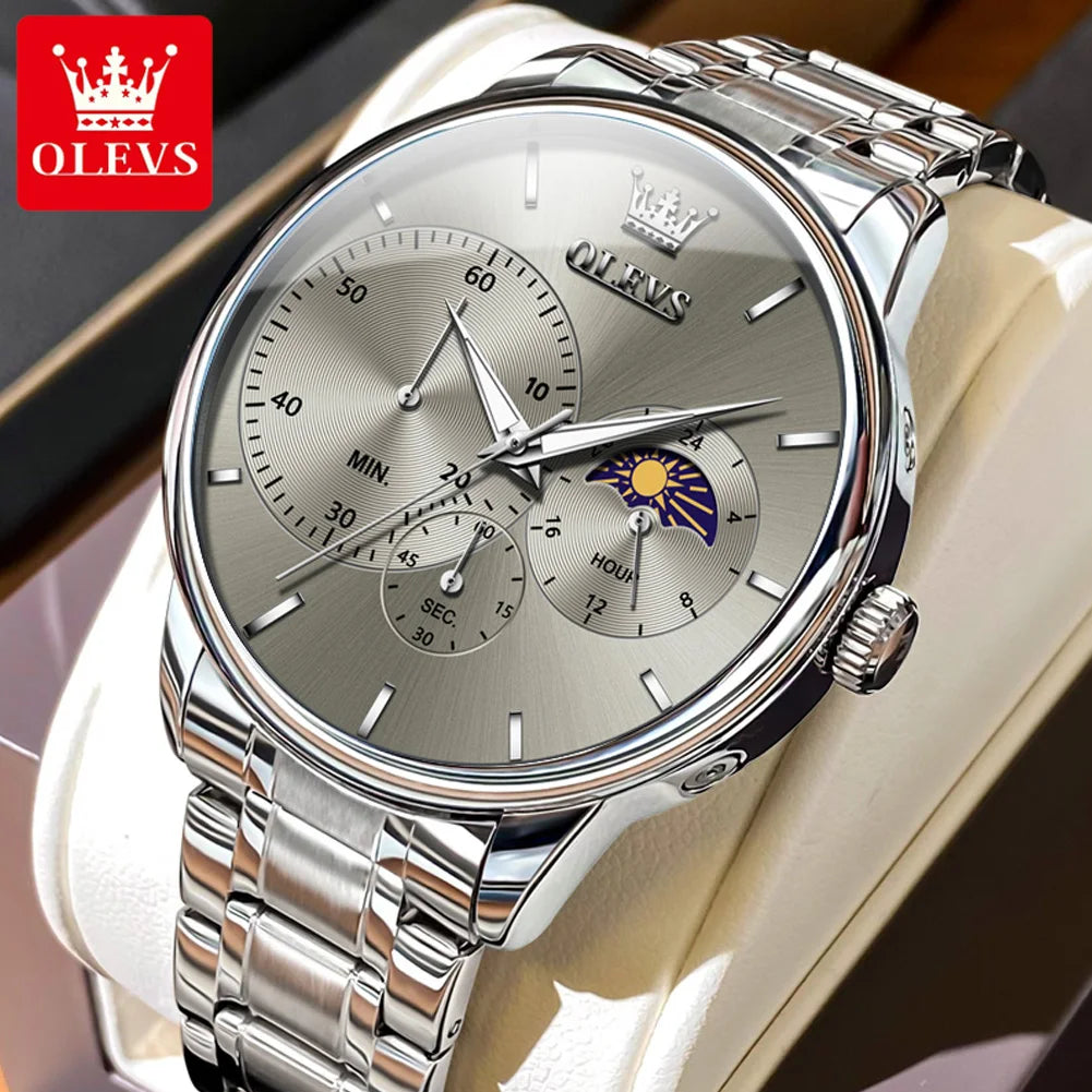 OLEVS Men's Watches Top Brand Business Fashion Fine Steel Original Brand Quartz Wristwatch for Man Moon Phase Chronograph Big