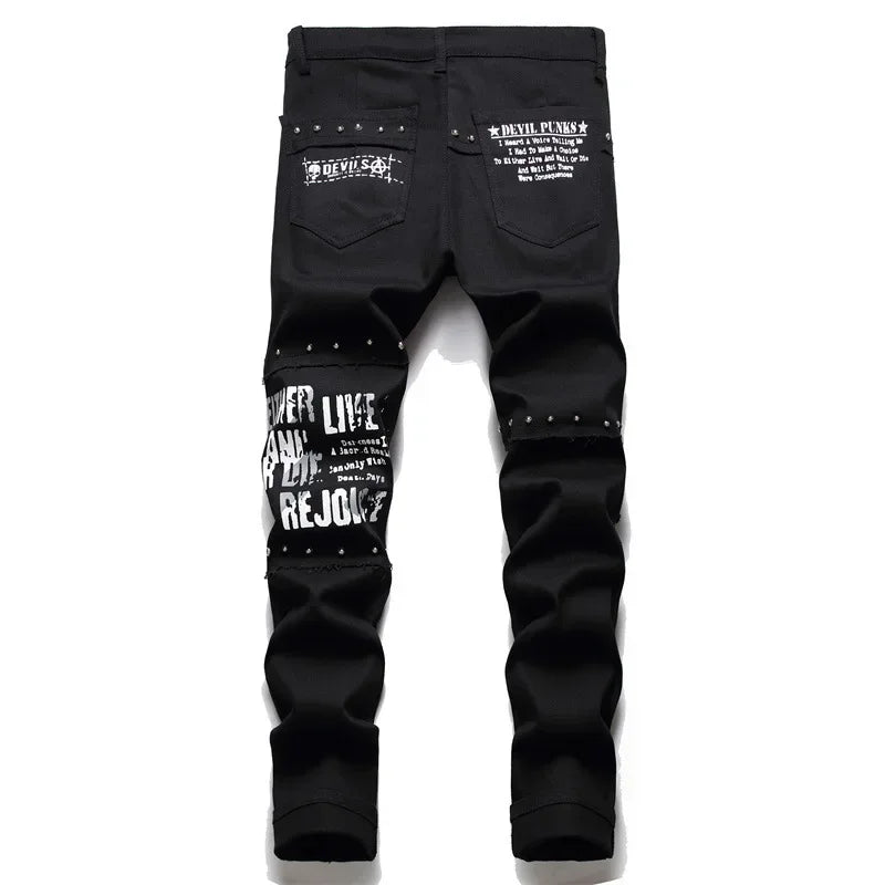 Mens Black Jeans High-quality Street Cotton Fashion Patchwork Jeans Men Stretch Street Hip Hop Slim Fit Holes Punk Denim Pants