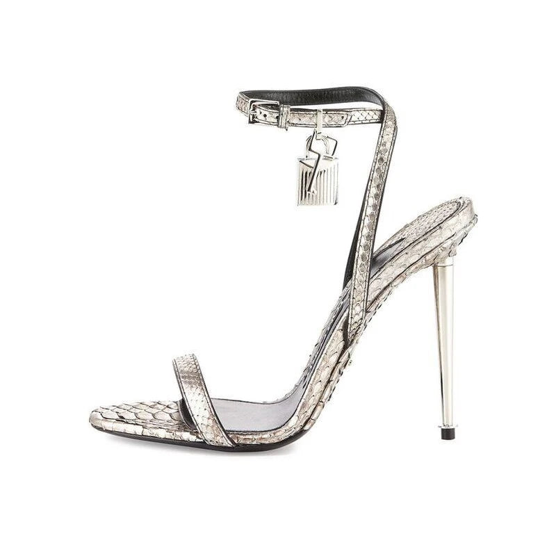 2025 New Sexy Gold Padlock High Heels One Word Buckle Open Toe Thin Heels Leather Shoes Ankle Strap Gladiator Sandal 44