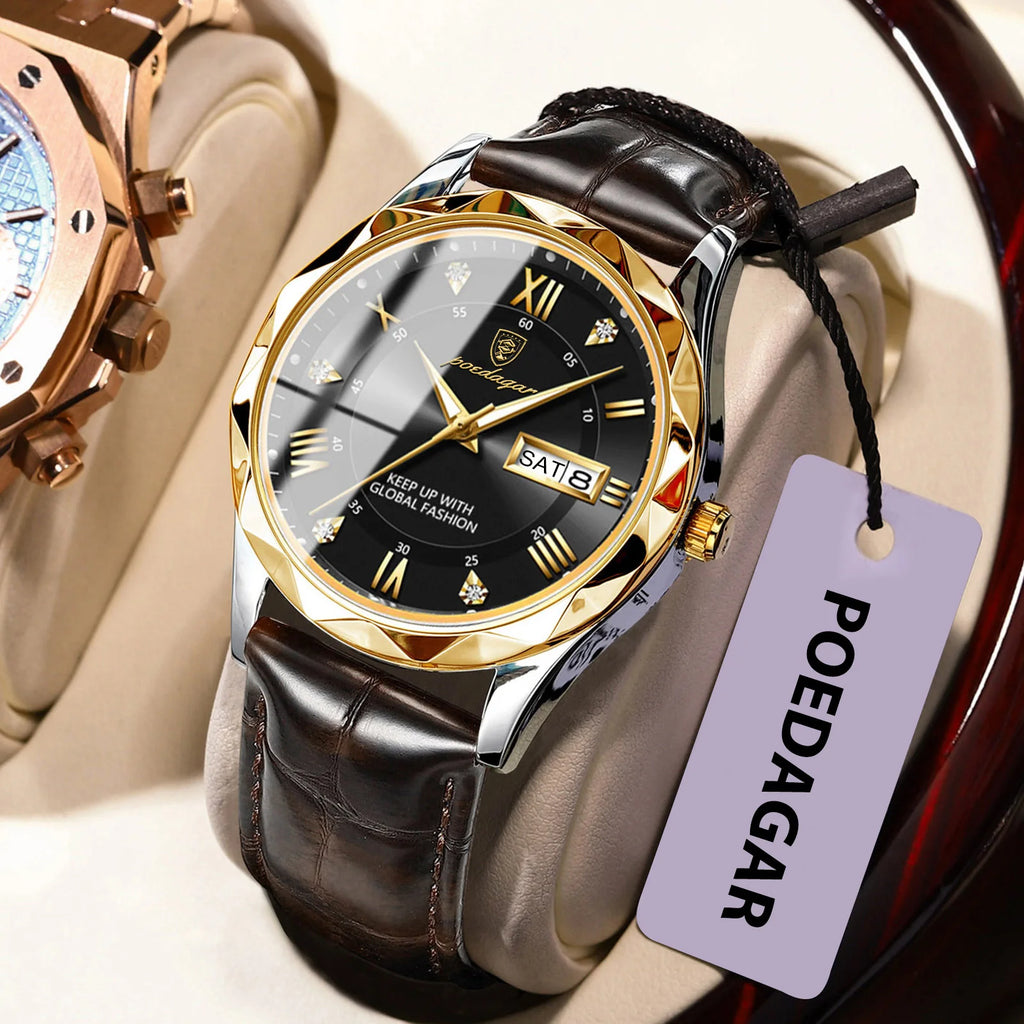 POEDAGAR Original Luxury Male Watch Waterproof Luminous Date Week Sports Men's Watches Classic Business Quartz Leather Men Watch