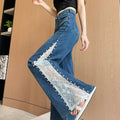 Lace Patchwork Wide Leg Jeans for Women Fashion High Waist Beadings Design Denim Pants 2025 New Straight Loose Ice Silk Trousers