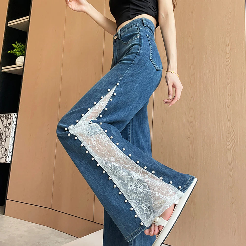 Lace Patchwork Wide Leg Jeans for Women Fashion High Waist Beadings Design Denim Pants 2025 New Straight Loose Ice Silk Trousers