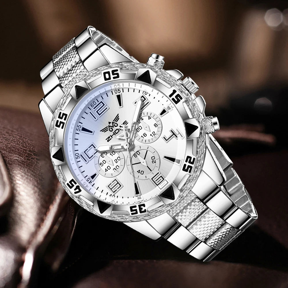 4PCS Silver Men's Fashion Casual Mixed Scale Dial Quartz Watch Bracelet Necklace Ring Set Suitable for Daily Wear Decoration