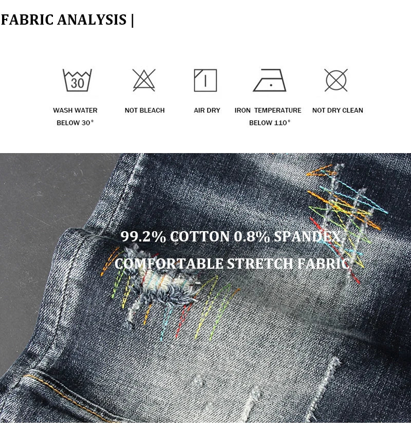 Streetwear Fashion Men Jeans Retro Black Blue Elastic Slim Fit Ripped Jeans Men Spliced Designer Embroidery Hip Hop Denim Pants