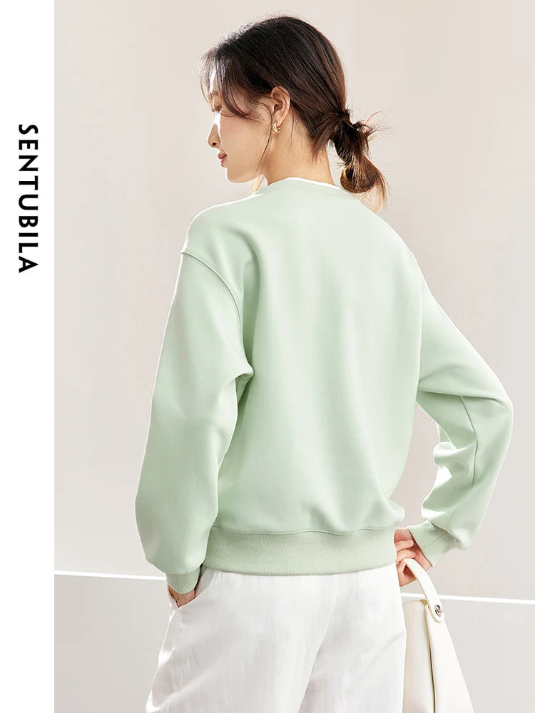 SENTUBILA Women Embroidery Sweatshirt 2026 Spring Autumn Round Neck Fashion Spliced Comfort Loose Long Sleeve Tops 141A53188