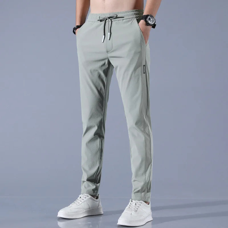 Ice Silk Men's Pants Summer New Black Gray Thin Business Casual Pants Outdoor Elastic Breathable Straight Leg Sweatpants