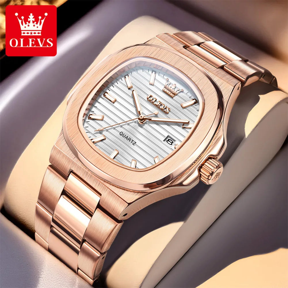 OLEVS Fashion Square Men Watches Business Stainless Steel Rose Gold Quartz Watch Calendar Date Male Casual Sports Luminous Clock