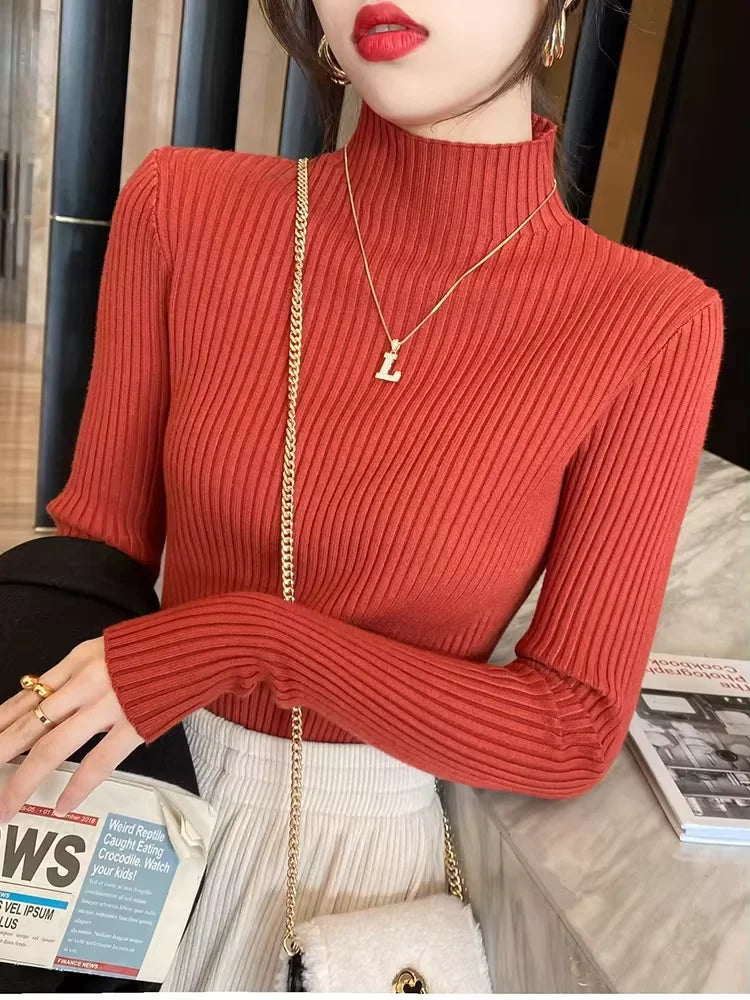 New Women's Elegant Solid Basic Knitted Tops Women Turtlneck Sweater Long Sleeve Casual Slim Pullover Fashion Simple Chic Tops