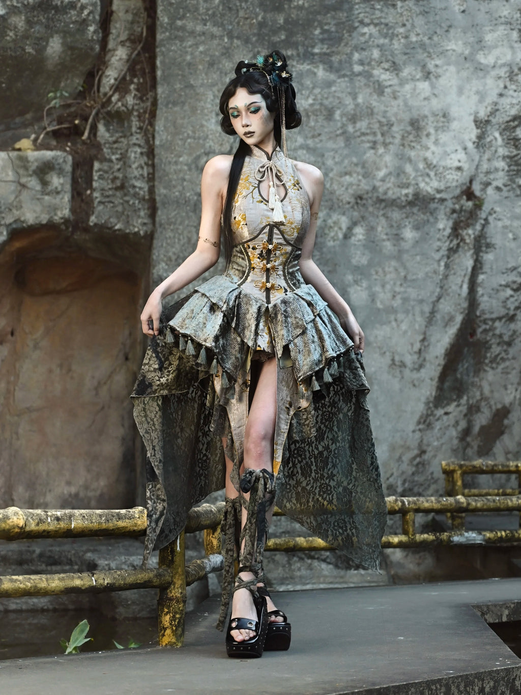 Blood Supply Original Festival Gothic Fairy Midi Skirt New Chinese Palace Disc Buckle Jacquard Asymmetric Lace Trailing Skirts