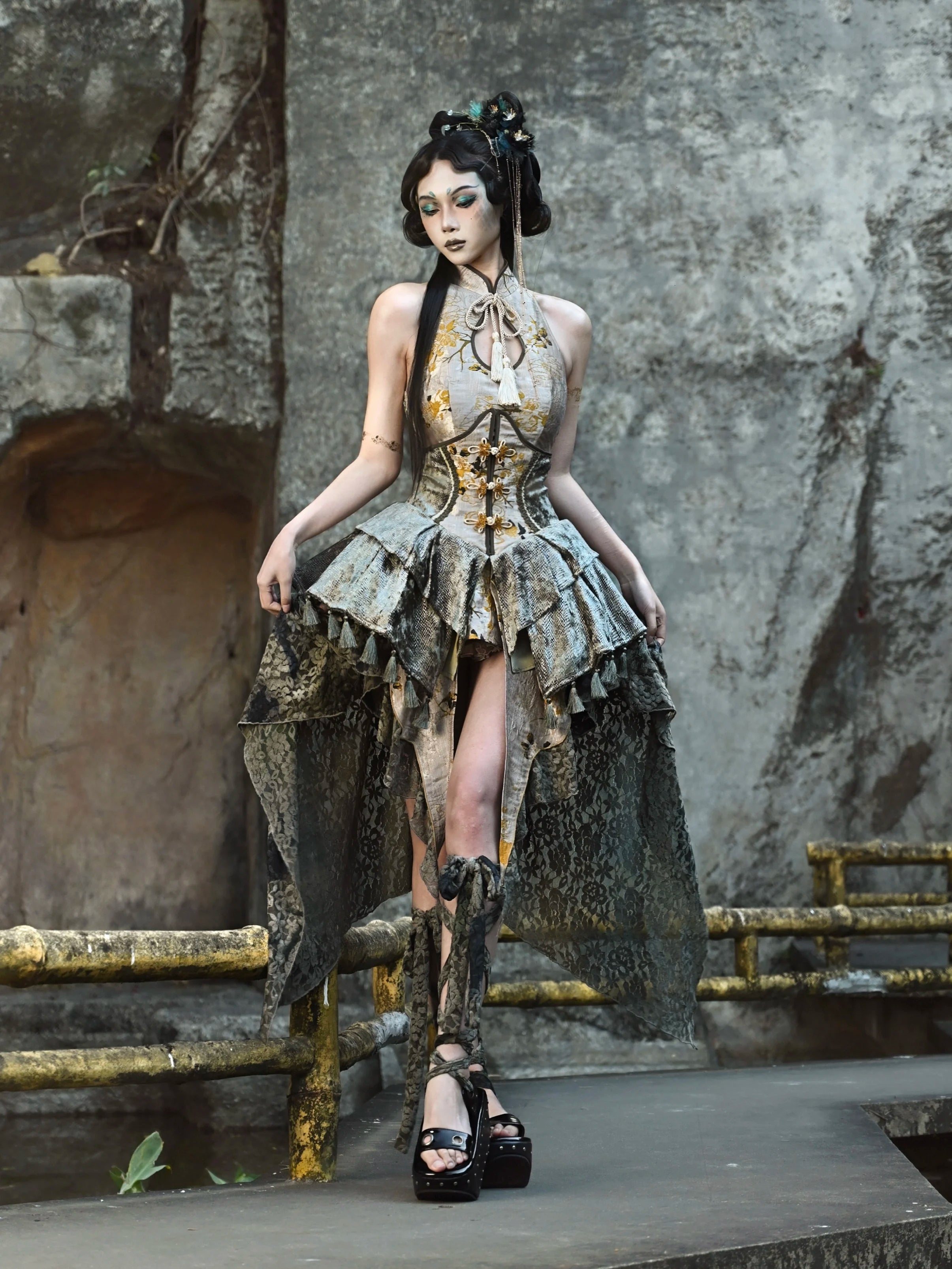 Blood Supply Original Festival Gothic Fairy Midi Skirt New Chinese Palace Disc Buckle Jacquard Asymmetric Lace Trailing Skirts