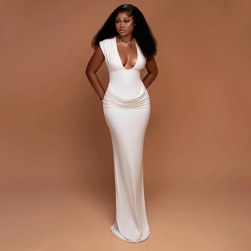 Elegant Deep V-Neck Dress Women Sexy Ruched Sleeveless Basic Stretch Fashion Birthday Party Banquet Bodycon