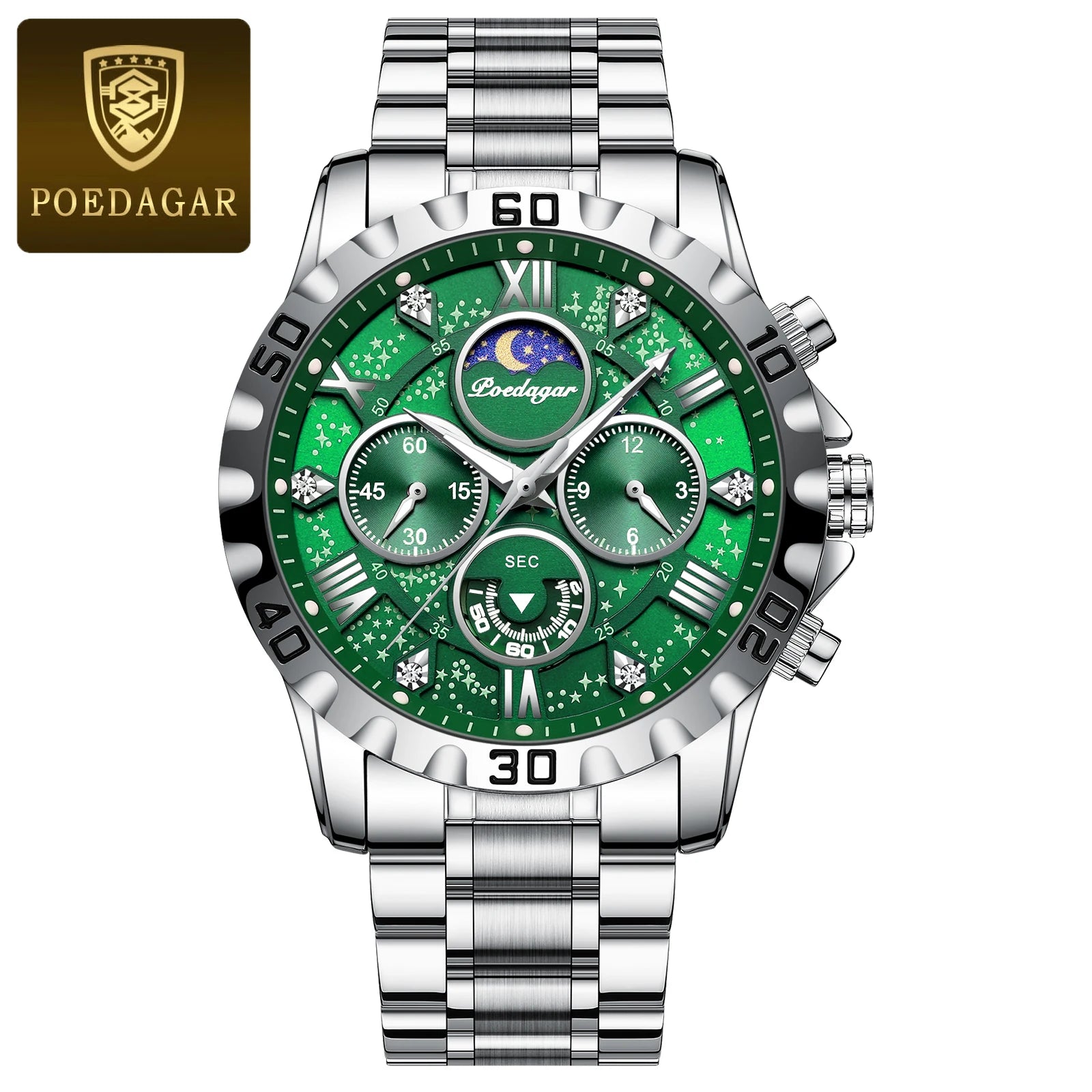 POEDAGAR Luxury Man Wristwatch Waterproof Luminous Chronograph Sports Men Watch Stainless Steel Fashion Quartz Men's Watches+Box