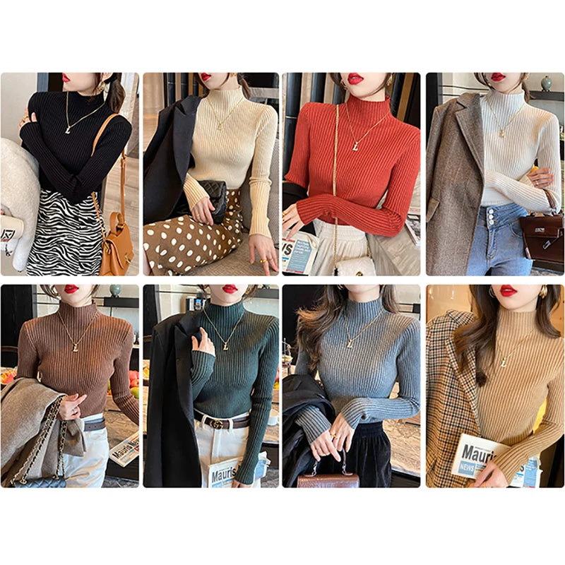 New Women's Elegant Solid Basic Knitted Tops Women Turtlneck Sweater Long Sleeve Casual Slim Pullover Fashion Simple Chic Tops