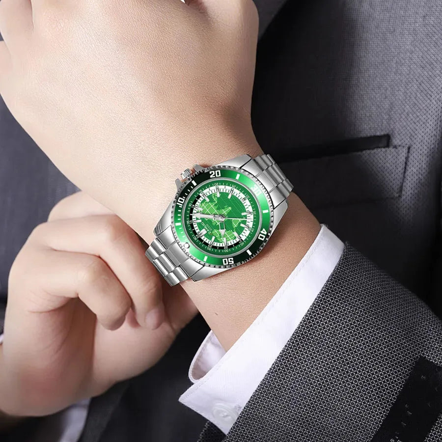 New Stylish Trendy Men Sports Quartz Watch With Stainless Steel Strap Map Luminous Hands