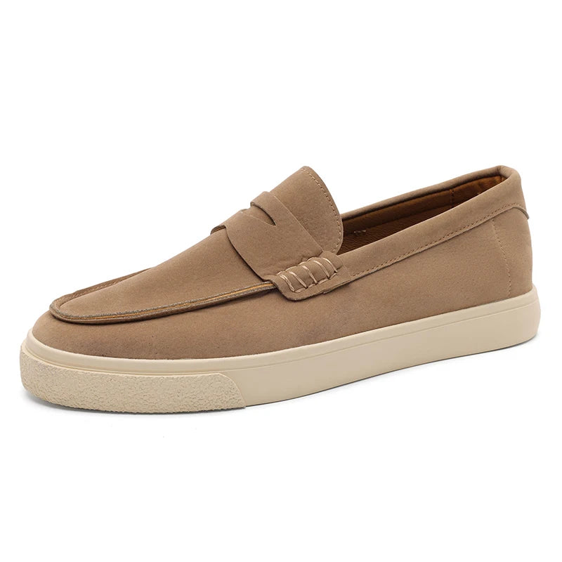 2025 Men's Genuine Suede Loafers 39-44, Black Round-Toe with Decorative Flap & Stitching Details, Brown Lined Comfortable Fit