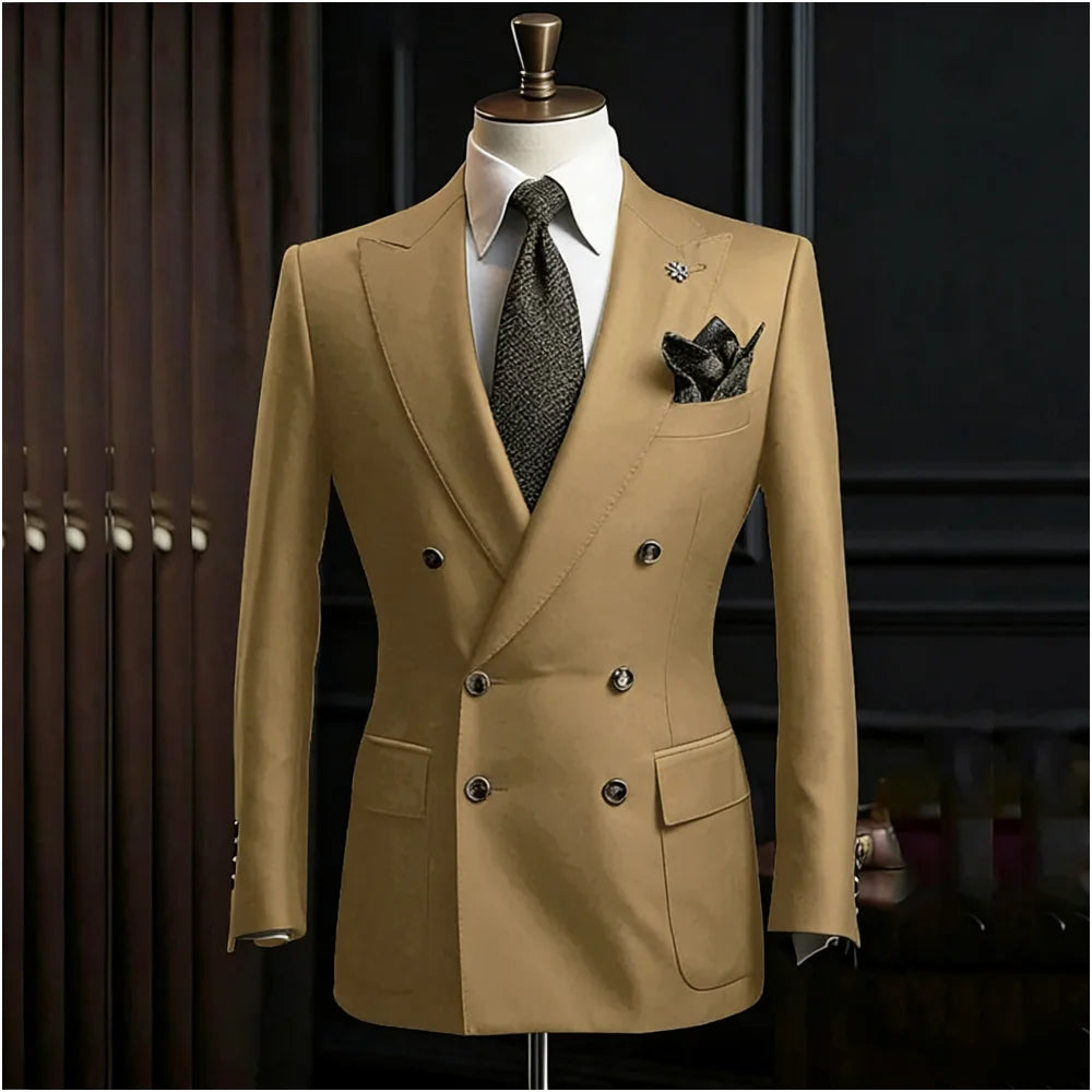 Formal Men's Suits Slim Fit Double Breasted Peaked Lapel Wedding Groom Prom Custom Male Clothing 2 Piece Jacket Pants Sets