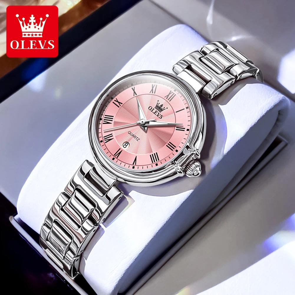 OLEVS 5608 Retro Style Quartz Watch for Women Elegant Steel Strap Auto Date Waterproof Luminous Luxury Ladies Wristwatch