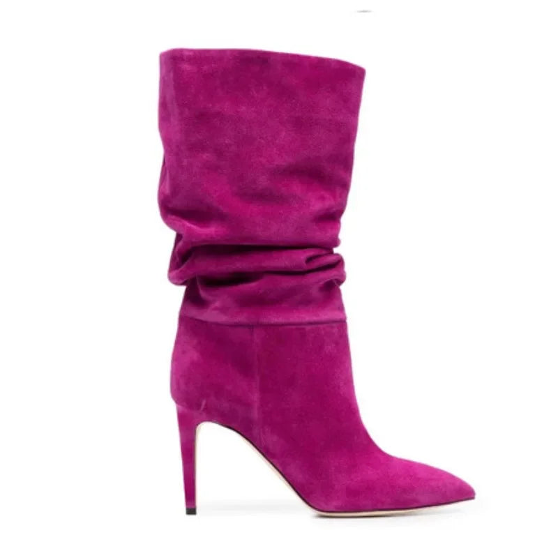 2023 Denim Blue 10cm Slim Heel Pleated Boots 35-43 Fashion Imitation Suede Women's Boot Internet Celebrity Pointed Show Boots