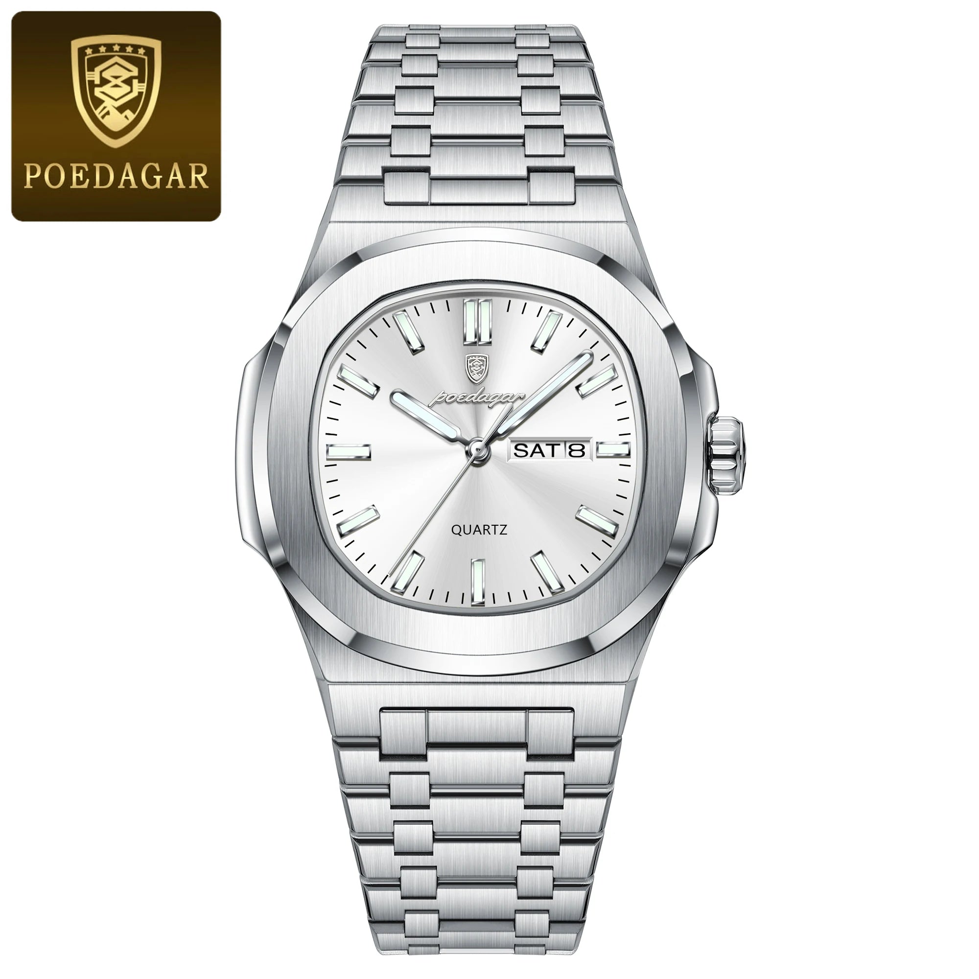 POEDAGAR Square Luxury Men's Wristwatch Luminous Waterproof Stainless Steel Male Clock Week Date Original Quartz Watches For Men