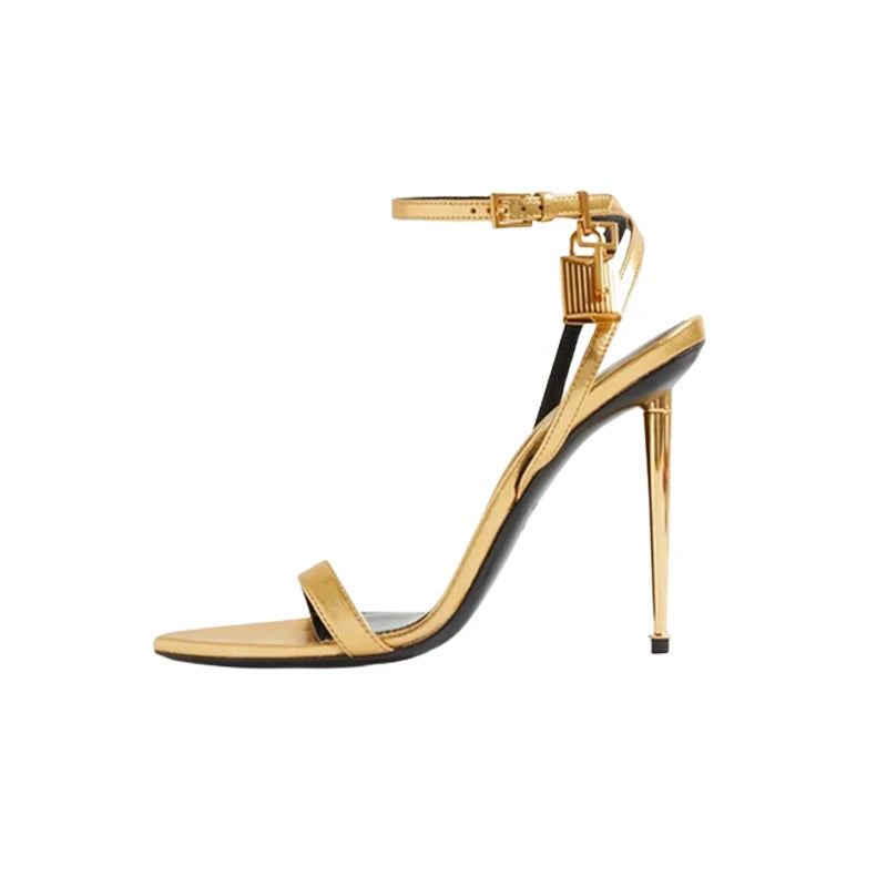 2025 New Sexy Gold Padlock High Heels One Word Buckle Open Toe Thin Heels Leather Shoes Ankle Strap Gladiator Sandal 44