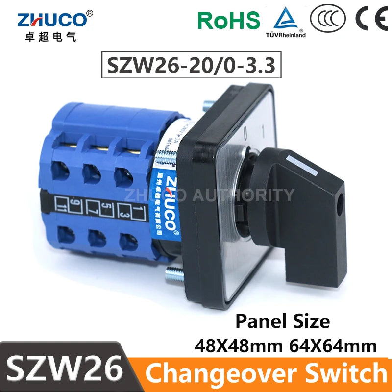 ZHUCO SZW26/LW26-20 Ui 660V 20A 3 Phase 12 Screw Terminals 4 Position Selector Changeover Cam Switch 64X64/48X48 mm Panel Mount