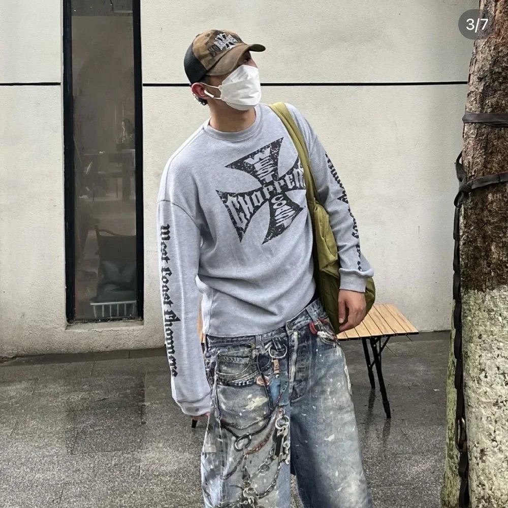 Yao Fashion Vintage Loose Streetwear HipHop Sanskrit Logo Print Tee High Quality Long Sleeve Oversize Y2k T Shirt For Men