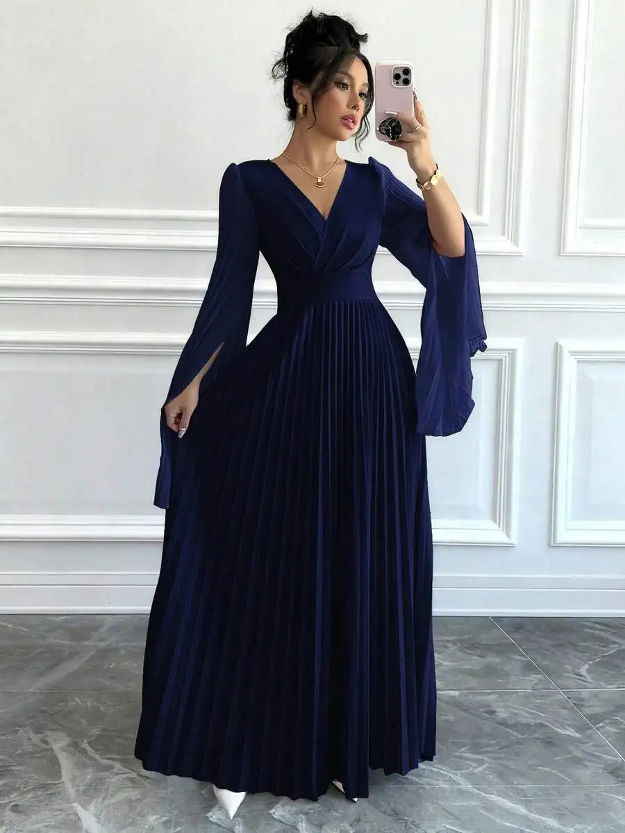 Lavender V-Neck Pleated Maxi Dress with Bell Sleeves Elegant Formal Gown