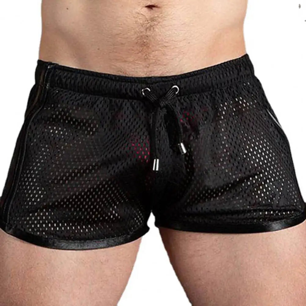 Summer Men Sport Shorts Color Matching Hollow Mesh Loose Drawstring Elastic Waist Quick Dry Jogging Gym Vacation Beach Shorts