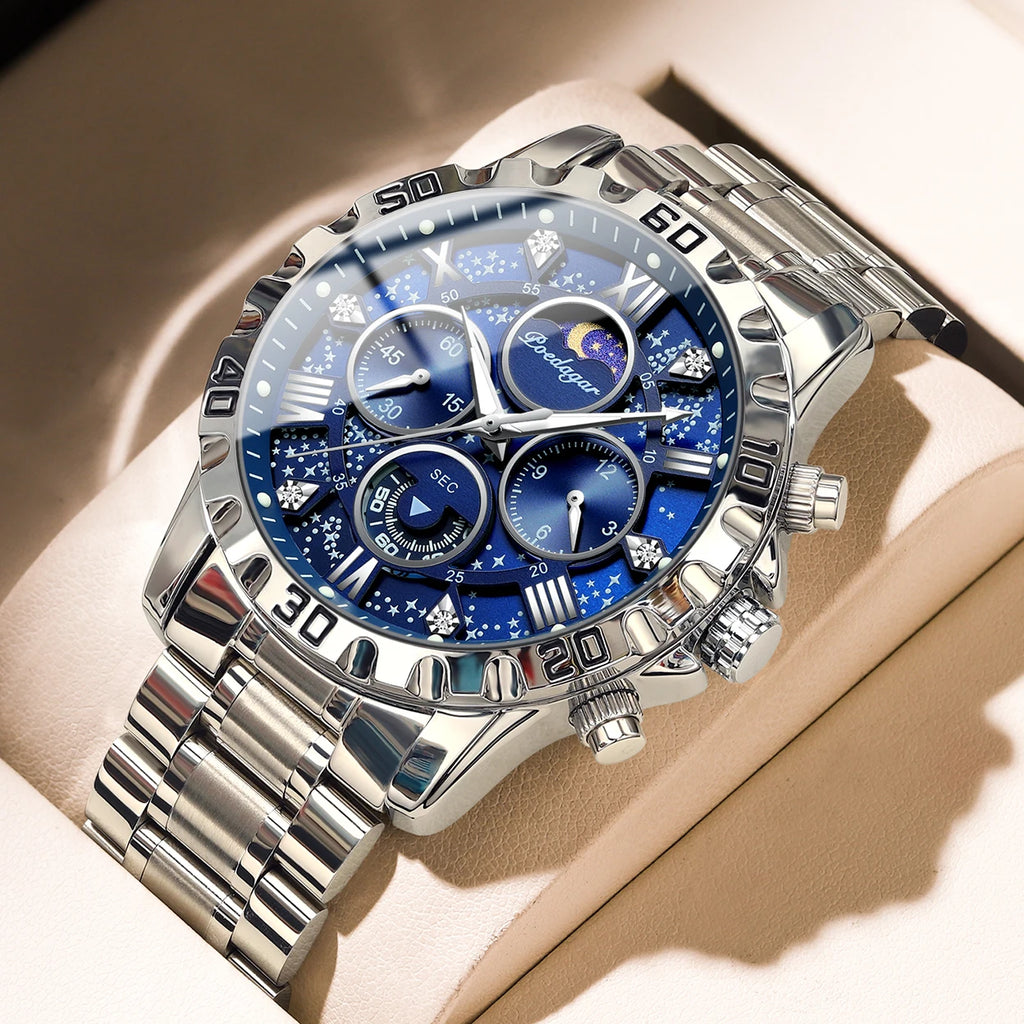 POEDAGAR Luxury Man Wristwatch Waterproof Luminous Chronograph Sports Men Watch Stainless Steel Fashion Quartz Men's Watches+Box