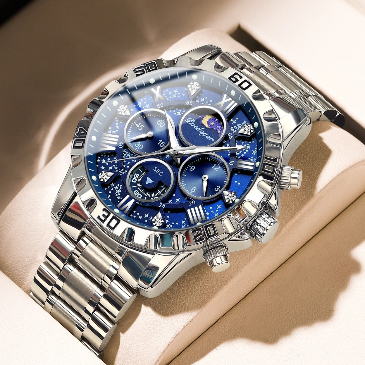 POEDAGAR Luxury Man Wristwatch Waterproof Luminous Chronograph Sports Men Watch Stainless Steel Fashion Quartz Men's Watches+Box