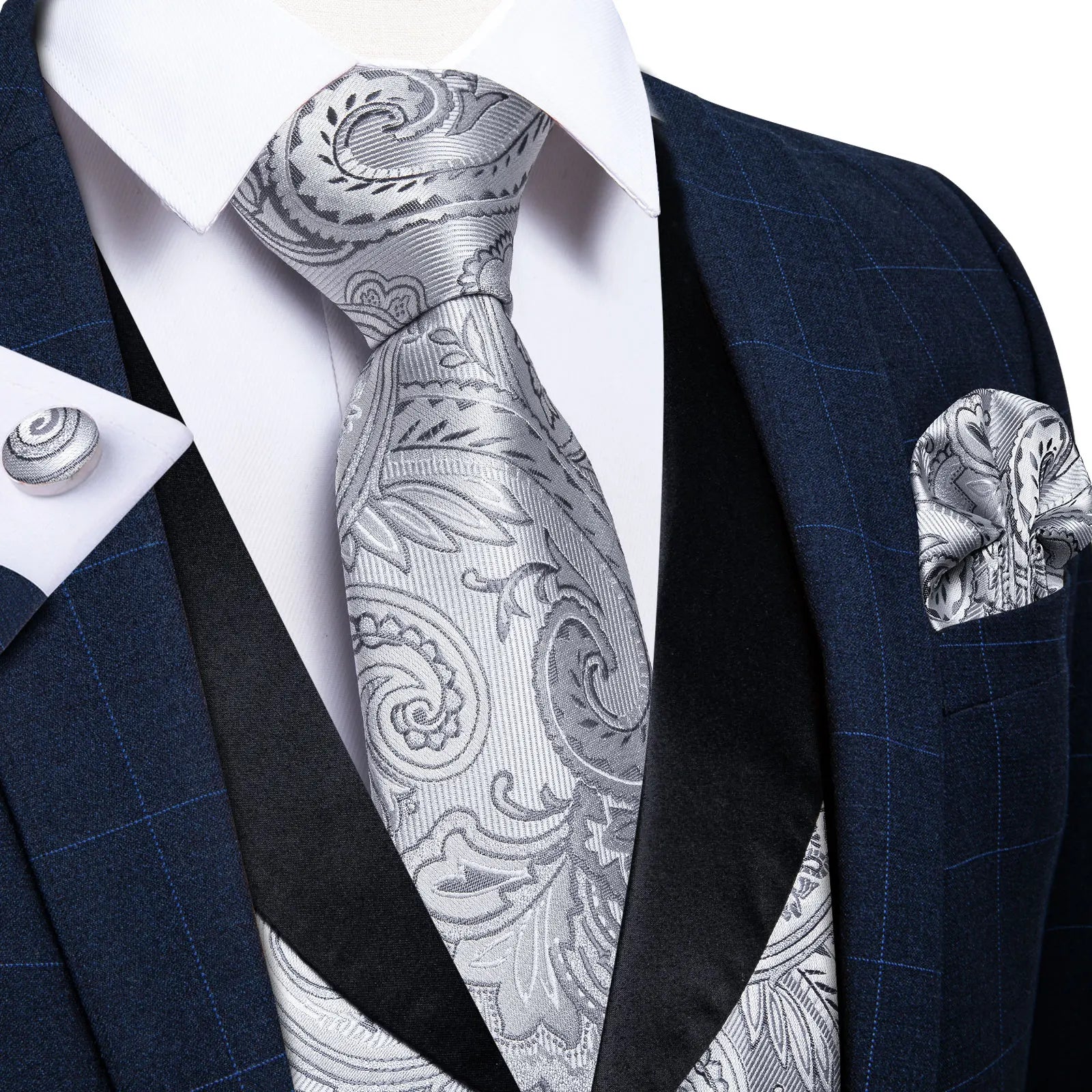 Suit Vest Set For Men Wedding Luxury Gray Paisley Dress Vests Necktie Clip Cufflinks Handkerchief Male Sleeveless Waistcoat Gift
