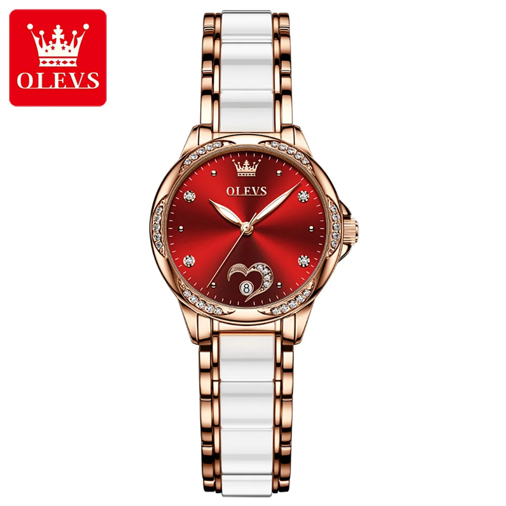 OLEVS 6631 Automatic Watches for Women Elegant Rose Gold Ceramics Strap Diamond Bezel Waterproof Women's Mechanical Wristwatches