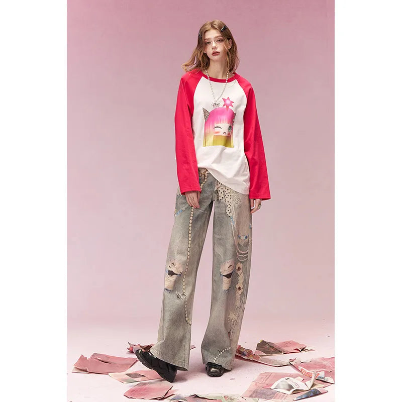 ELFSACK Sweet Cool Distressed Print Lace Insert Wide Leg Jeans For Women