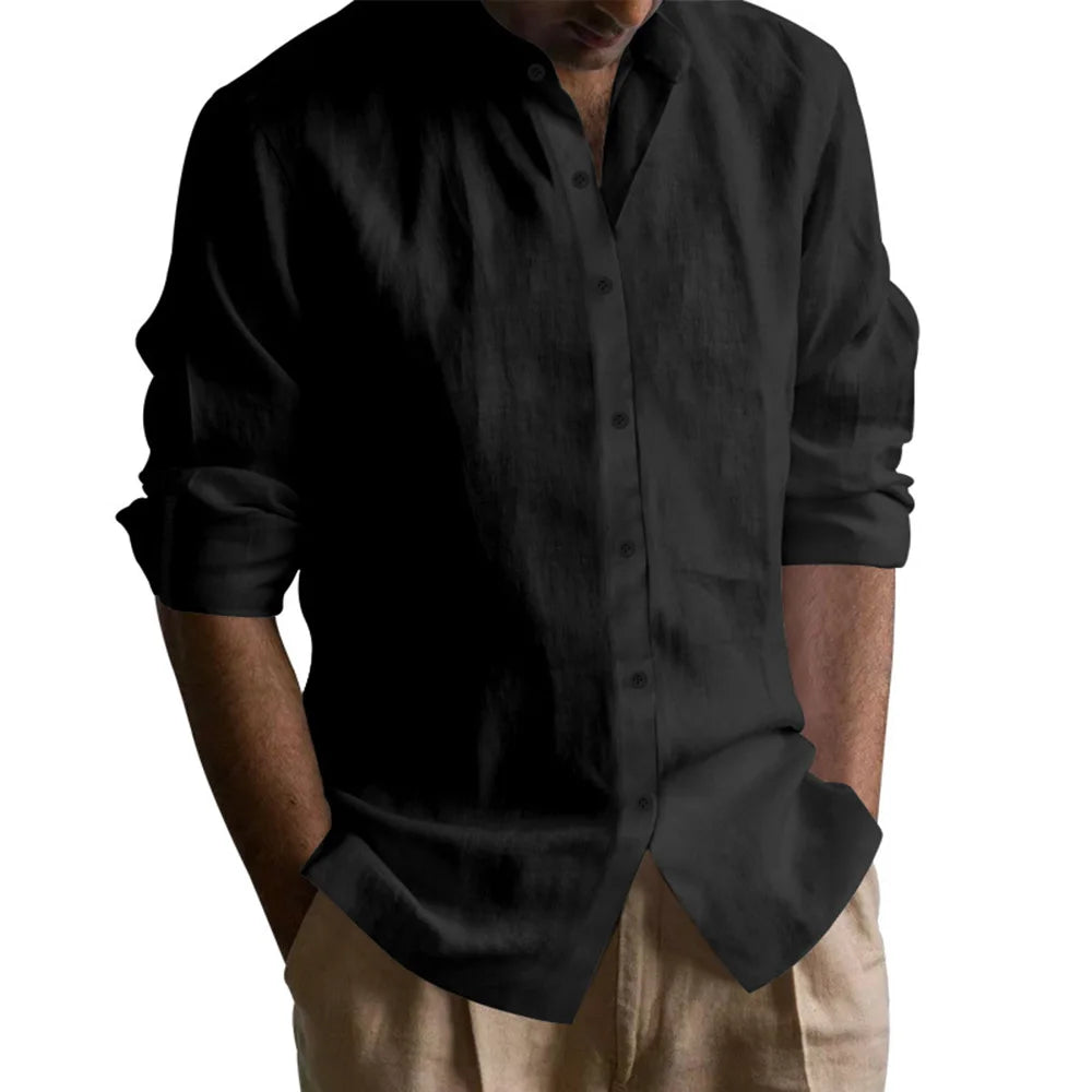 Men's Henley Shirts Cotton Linen Open Stitch Lightweight Breathable Solid Color Slim Fit Men Shirt