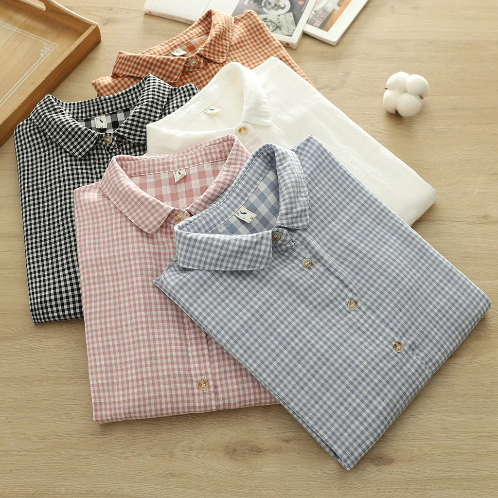 2026 Plus size women clothes mori girl spring summer fresh design pink orange blue check blouses women's plaid shirts