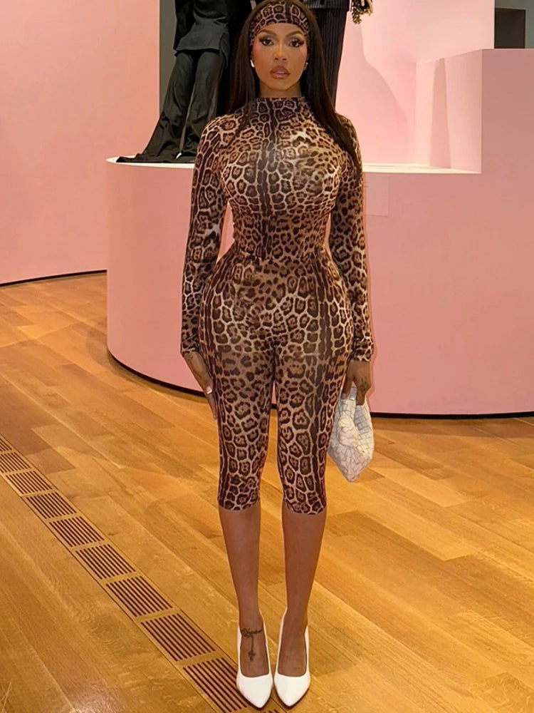 Kliou Sexy Fashion 3 Piece Set Woman Leopard Print Headband+Half Turtleneck Full Sleeve T-Shirts+Skinny Shorts Wild Style Suits
