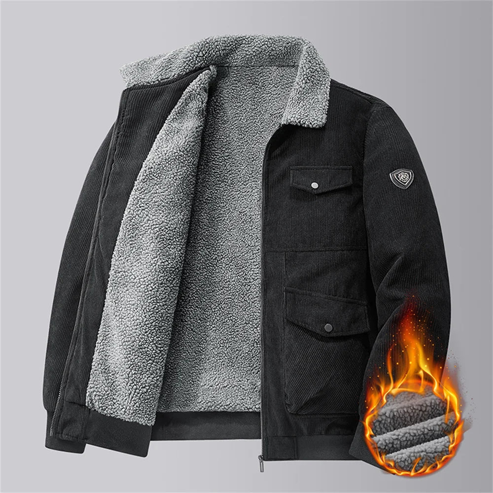 Mid-Age Gentleman's Lapel Corduroy Jacket Winter New Arrival: Military-Style Fleece-Lined, Thickened Windproof Workwear Coat