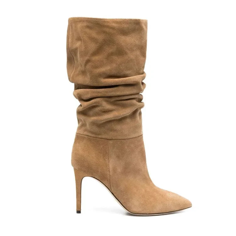 2023 Denim Blue 10cm Slim Heel Pleated Boots 35-43 Fashion Imitation Suede Women's Boot Internet Celebrity Pointed Show Boots