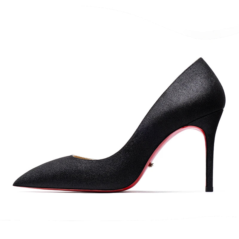 HLTINO Red Bottom Shoes with Sequinces 12cm Pointed Toe Genuine Leather Pumps Women's Sexy High Heeled Shoes Spring Summer