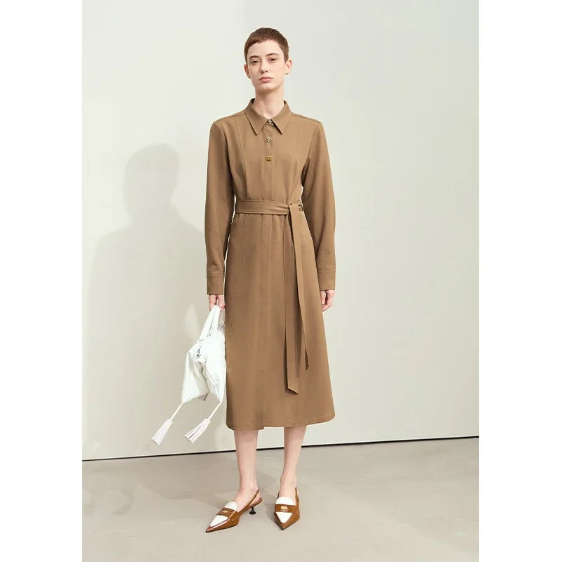 Amii Minimalism Dresses for Woman 2025 Autumn New Lapel with Belt Slim Midi Dresses Fashion Office Lady Woman Clothing 12443045