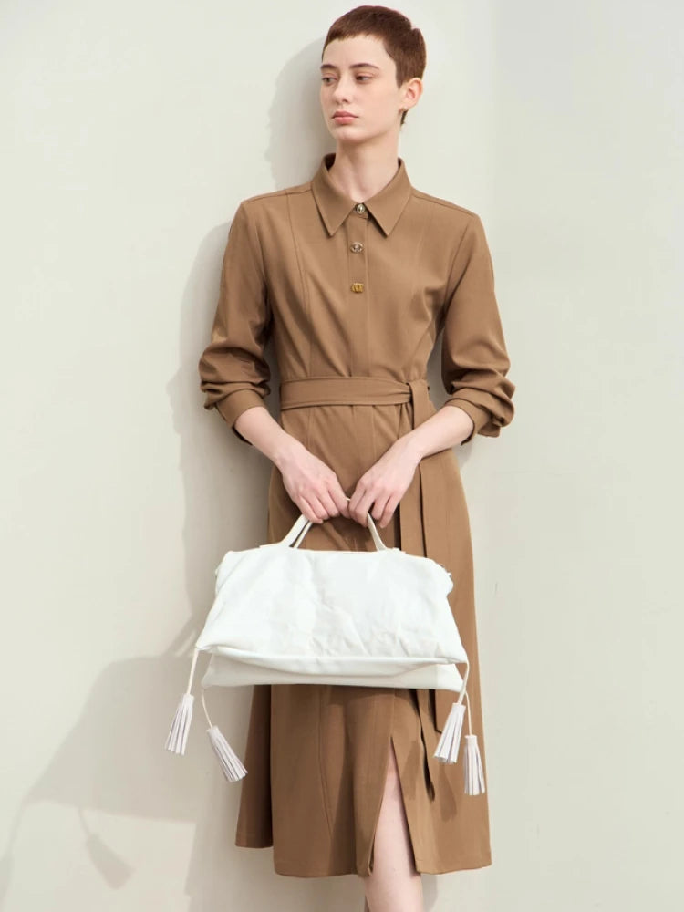 Amii Minimalism Dresses for Woman 2025 Autumn New Lapel with Belt Slim Midi Dresses Fashion Office Lady Woman Clothing 12443045