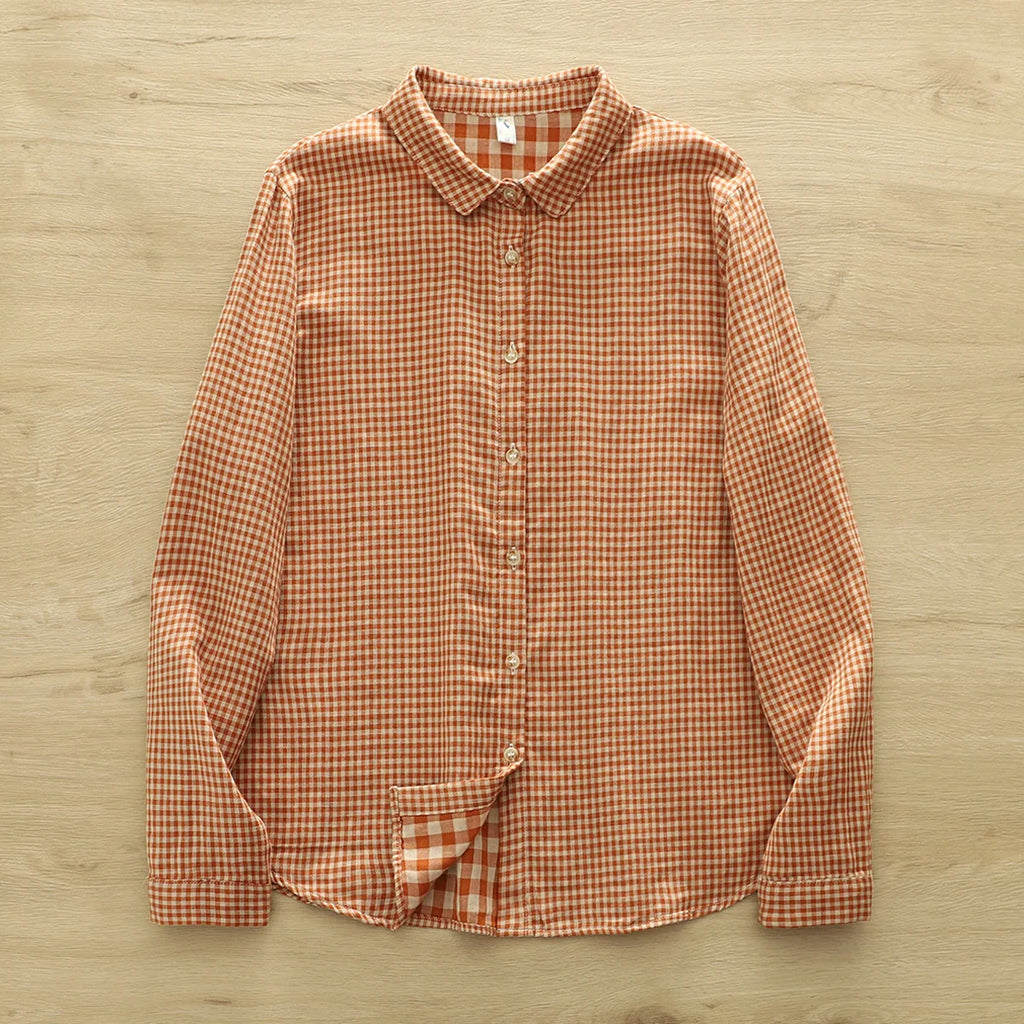 2026 Plus size women clothes mori girl spring summer fresh design pink orange blue check blouses women's plaid shirts