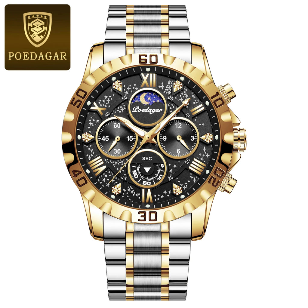 POEDAGAR Luxury Man Wristwatch Waterproof Luminous Chronograph Sports Men Watch Stainless Steel Fashion Quartz Men's Watches+Box