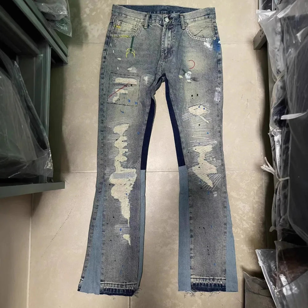 Washing Water Old Destroying Holes Cat Whiskers Embroidery Printing Splashing Ink Micro-horn Wide-leg Jeans for Men