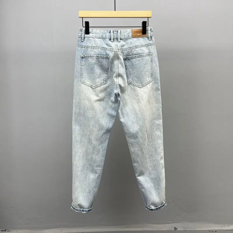 Slant Pocket Light Blue Slim-fitting Small-footed Jeans Men's Streetwear Simple Retro High Street Trousers Trendy Men's Pants
