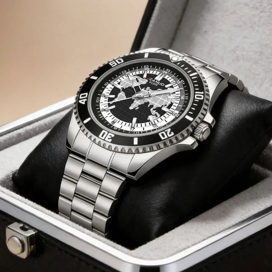 New Stylish Trendy Men Sports Quartz Watch With Stainless Steel Strap Map Luminous Hands