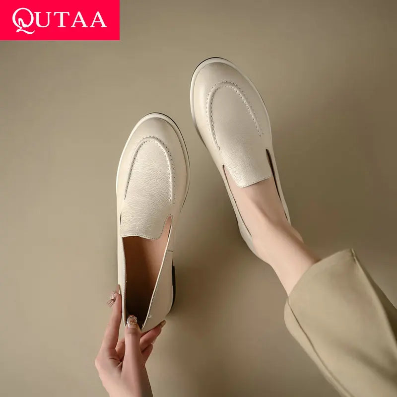 QUTAA 2025 Women Flats Shoes Fashion News Cow Leather Woman Spring Ballet Shoes Comfort Loafers Round Toe Casual Ladies 34-40