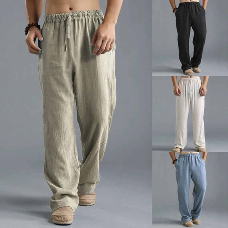 2026 New Men's Cotton Linen Pants Male Autumn New Breathable Solid Color Linen Trousers Fitness Streetwear S-5XL
