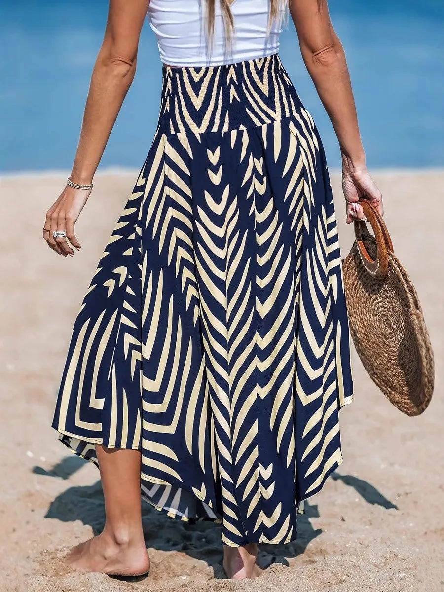 Women's New Beach Skirt, Geometric Print Shirred Design, Perfect for Summer Vacation Wear